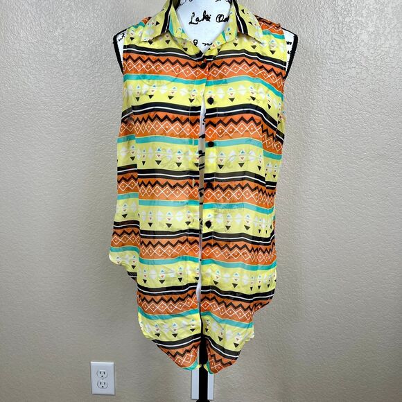 Geri C. Yellow  geometric sleeveless button up collar  top size L beach vacation - Picture 6 of 13
